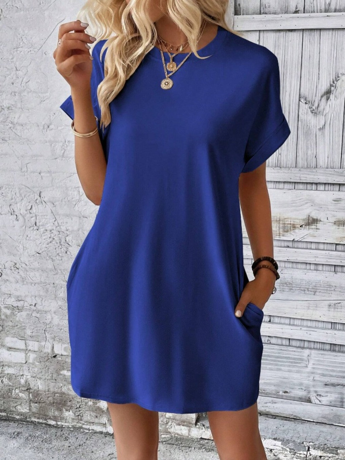 Pocketed Round Neck Short Sleeve Dress - store name